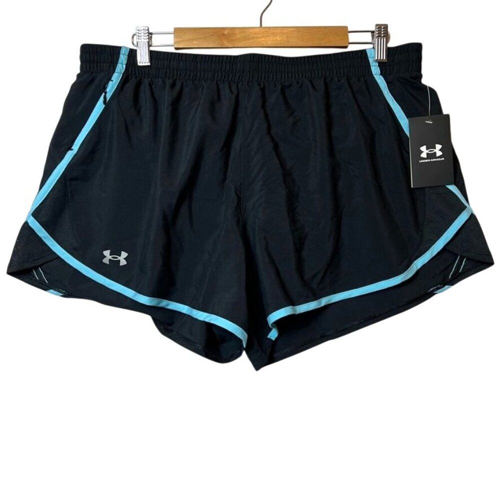 Under Armour Womens L Black Running Shorts With Light Blue Trim & Built-In Brief